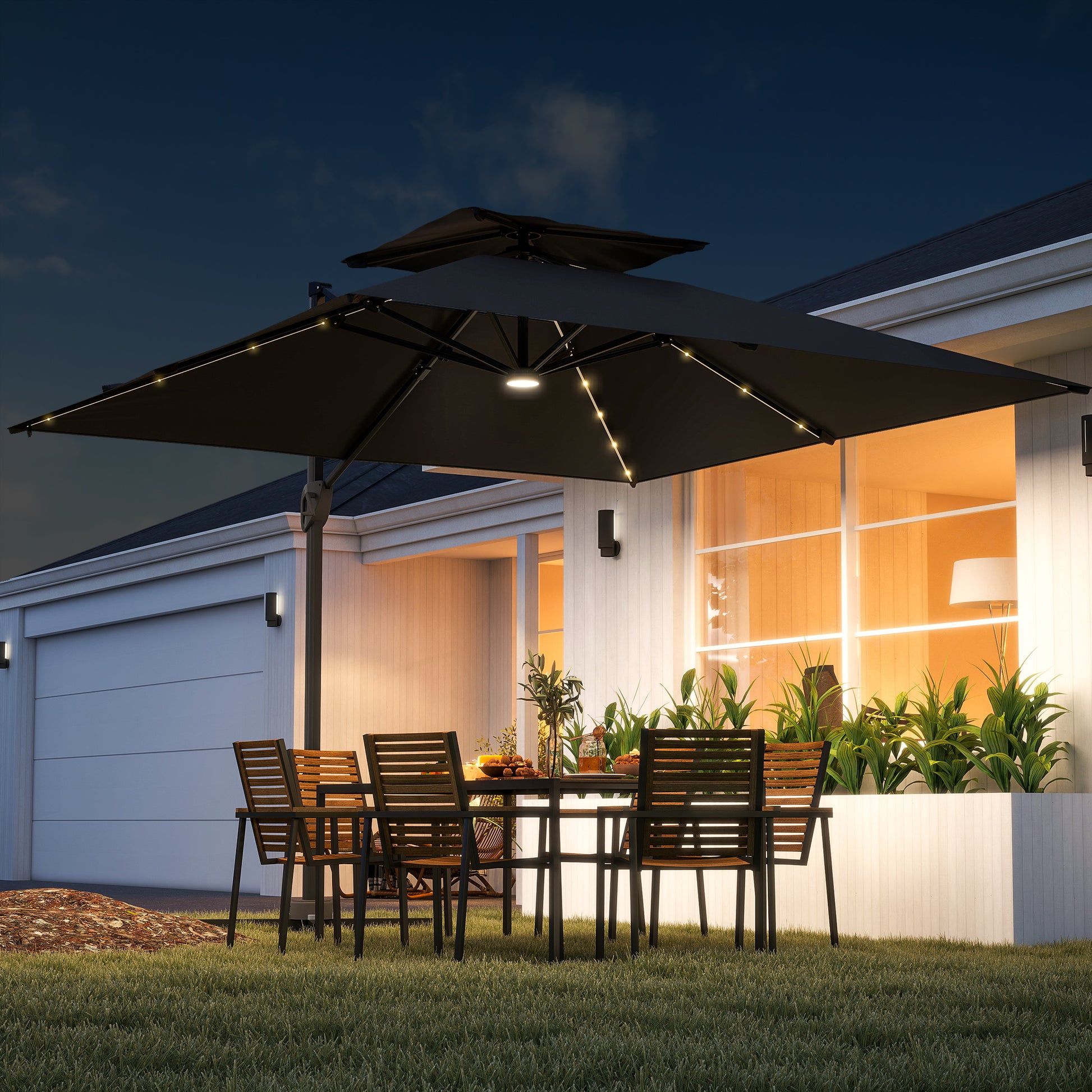 Outsunny 3.5x3 m Garden Cantilever Parasol with Solar LED Lights and Centre Light, UPF50+ Aluminium Patio Umbrella with 360° Rotation and Tilt, Hanging Sun Shade with Cross Base, Crank Handle, Black