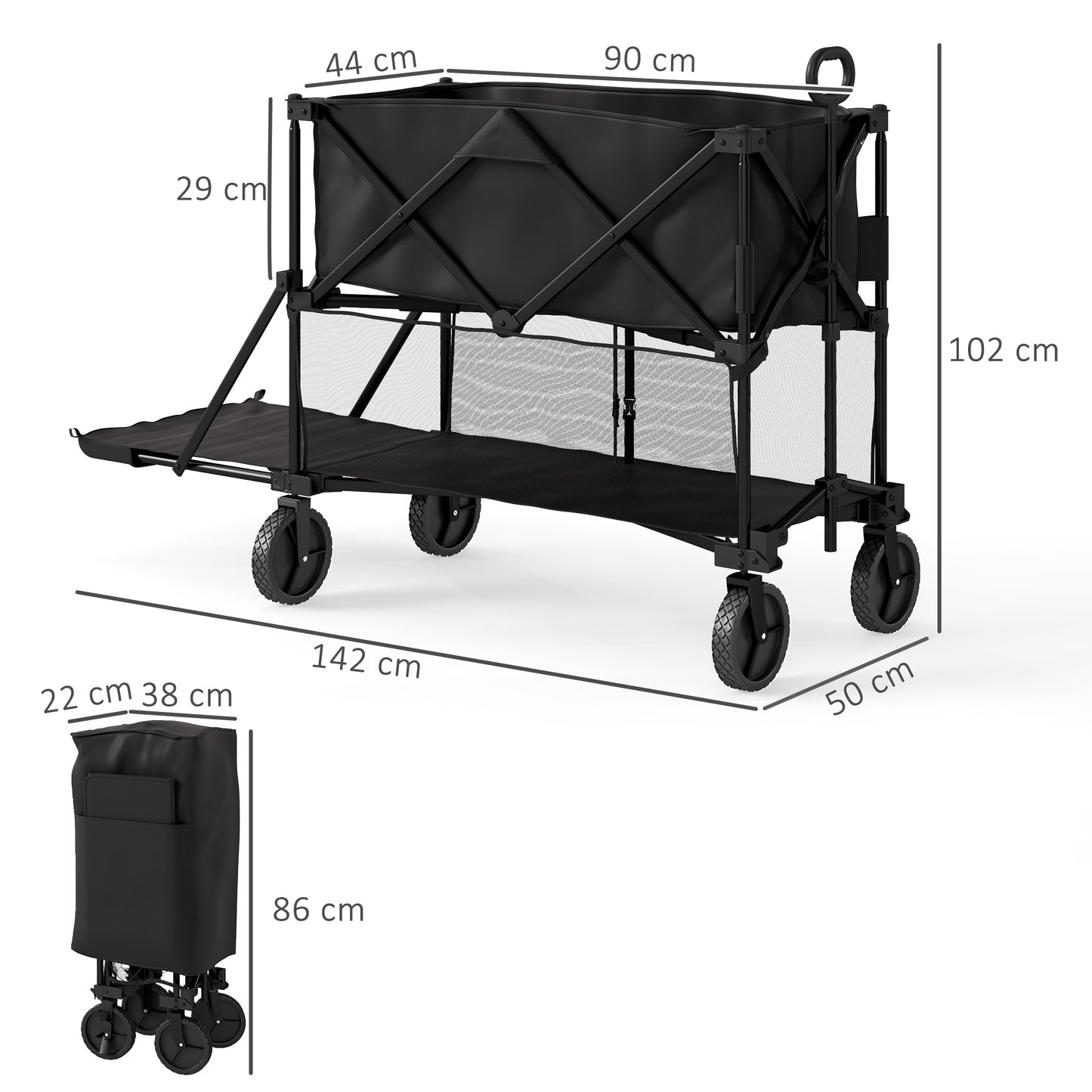 Outsunny Double Decker Folding Trolley on Wheels, 200KG & 350L Capacity Collapsible Wagon Festival Trolley Cart with 134cm Extended for Camping Sports Shopping Garden and Beach, Black
