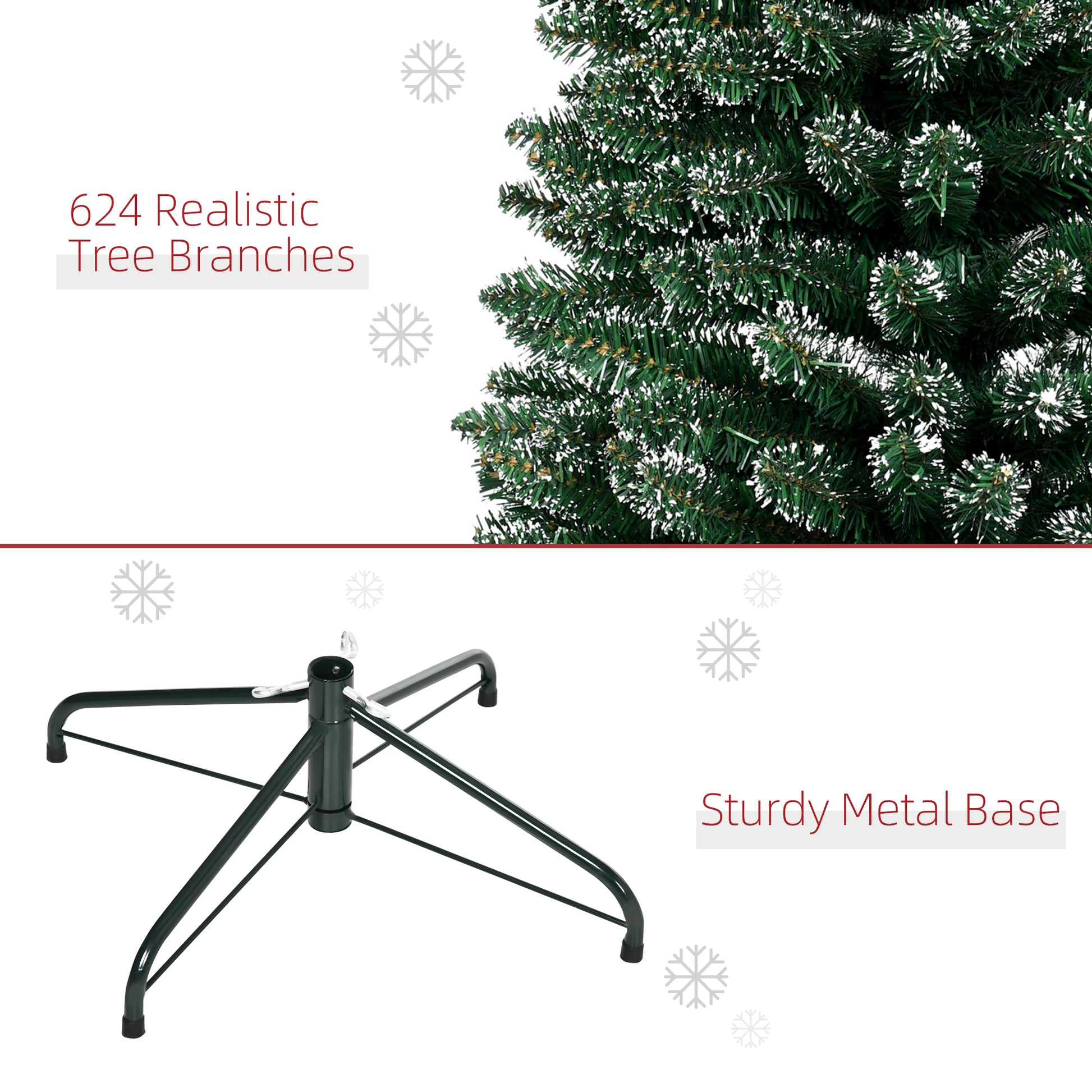 HOMCOM 7.5FT Artificial Christmas Tree Snow Dipped Xmas Pencil Tree Holiday Home Indoor Decoration with Foldable Black Stand, Green