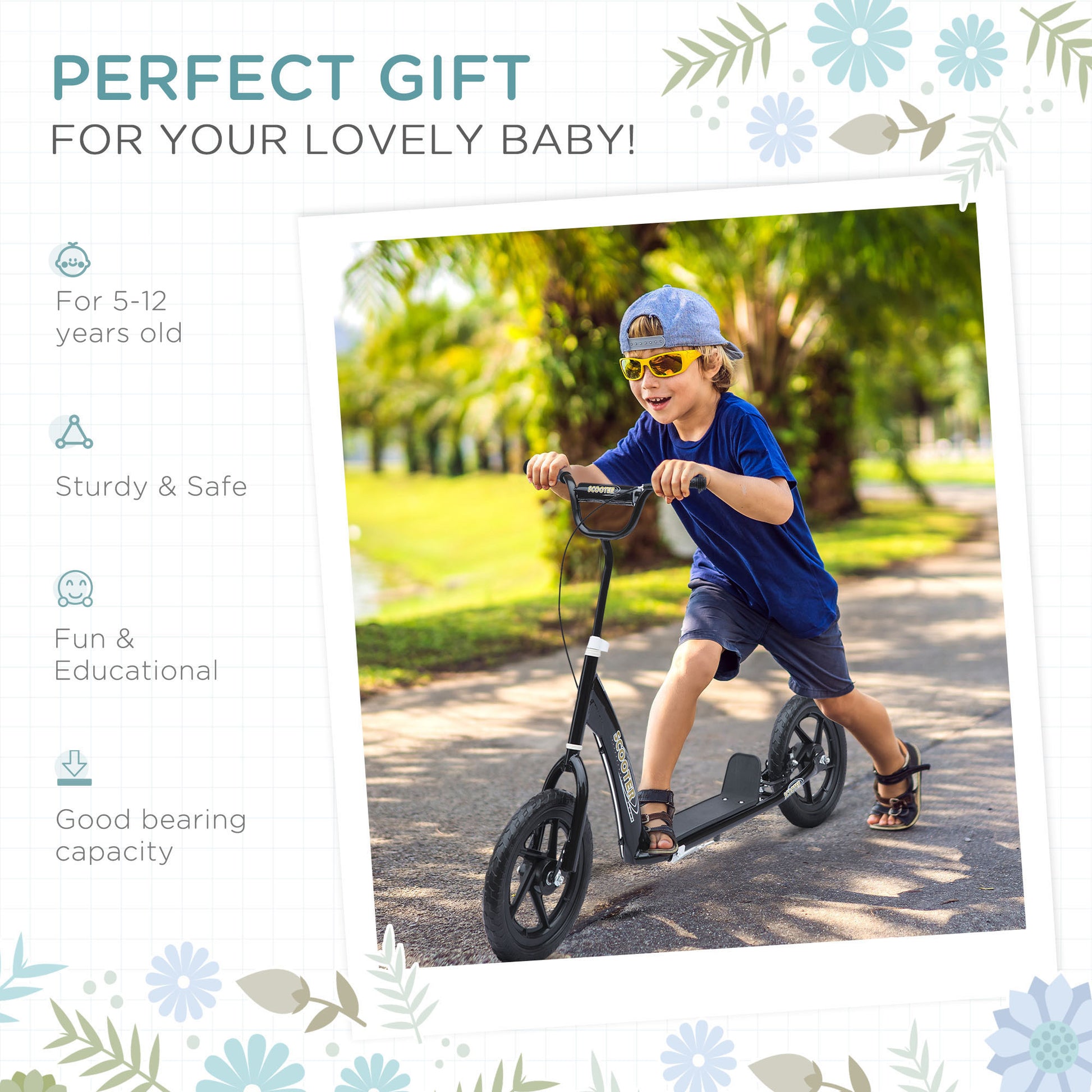 HOMCOM Teen Push Scooter Kids Children Stunt Scooter Bike Bicycle Ride On 12" EVA Tyres, Black