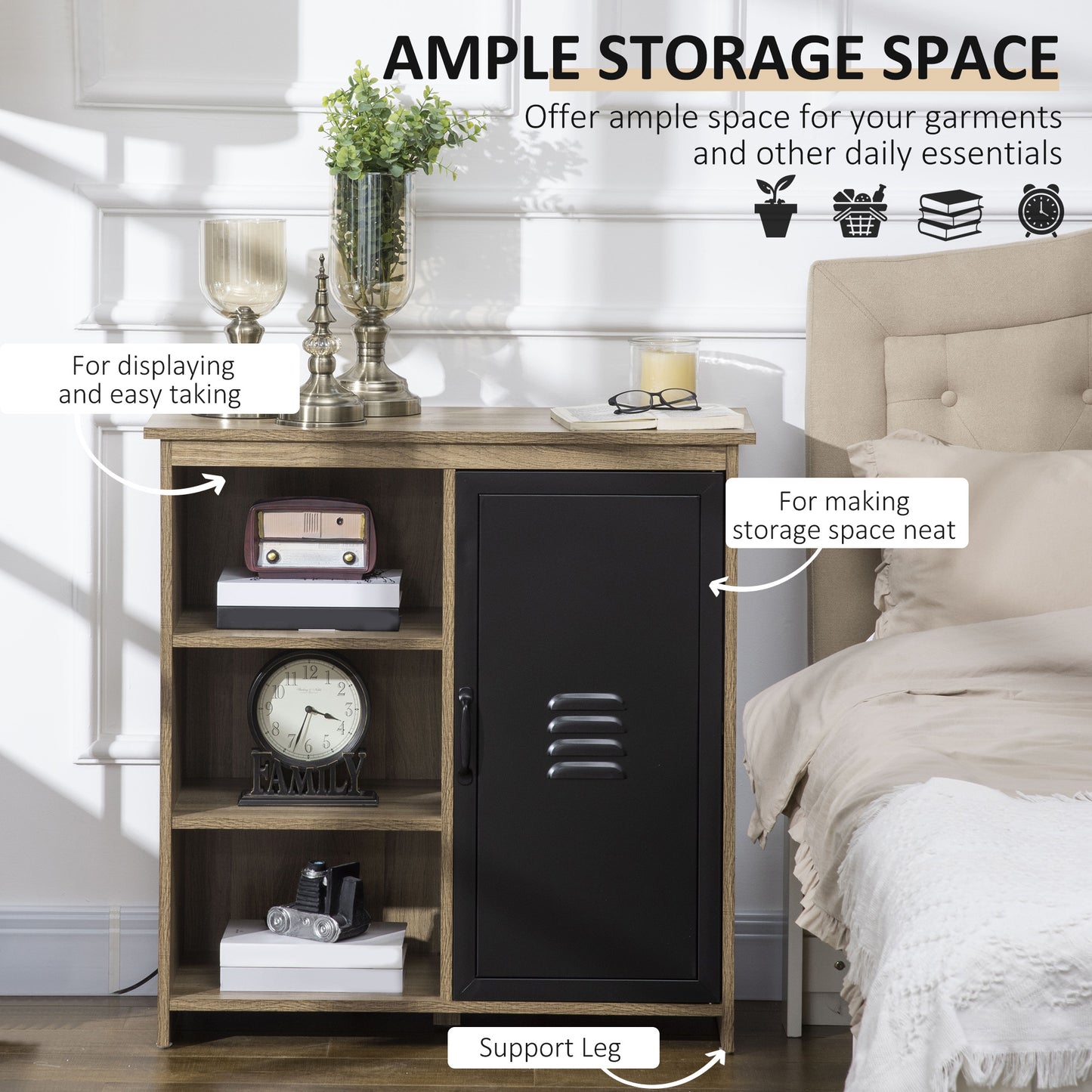 HOMCOM Cupboard Storage Cabinet with 3 Tiers and Steel Door, Home Organizer Sideboard with Adjustable Shelf for Dining Room, Living Room, Kitchen