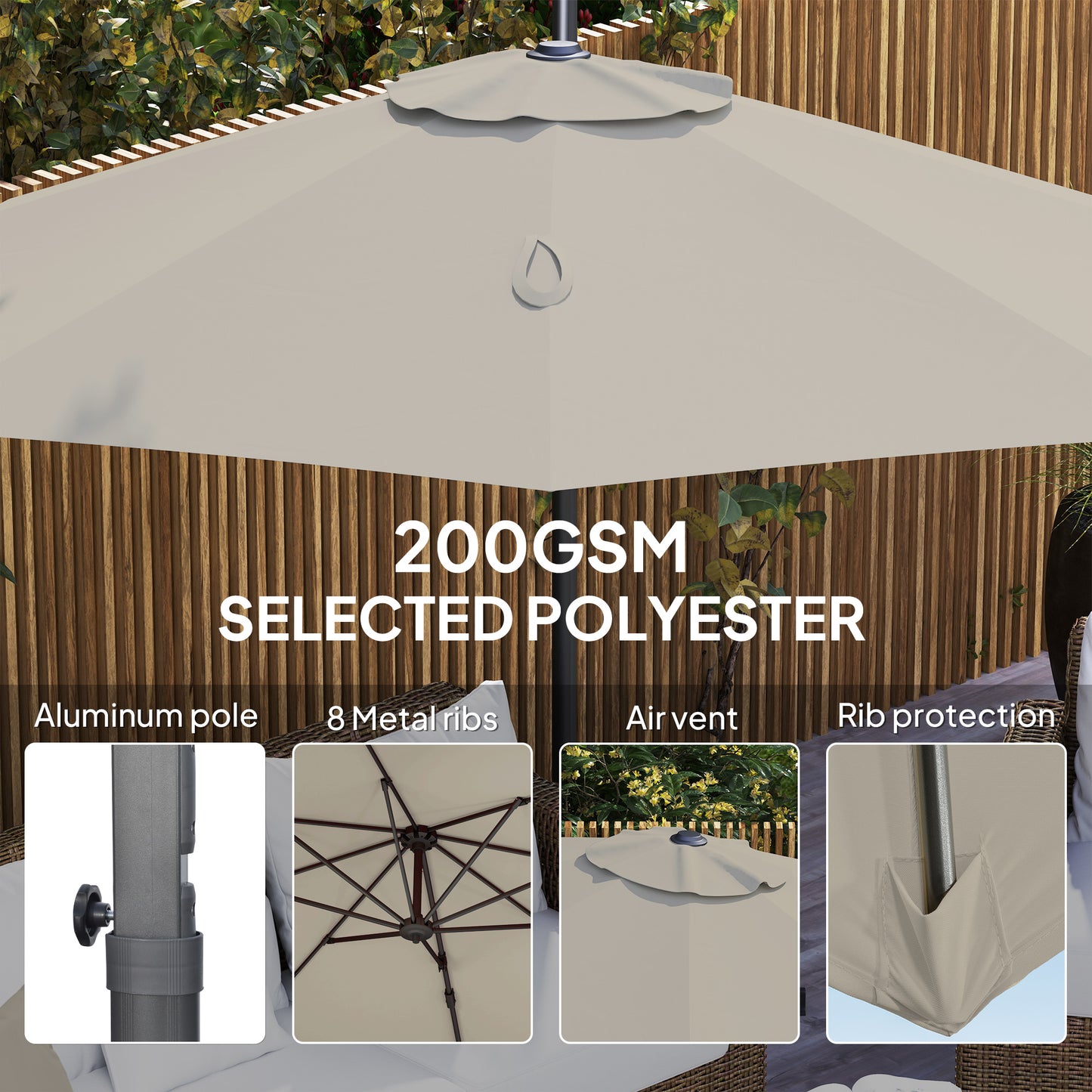 Outsunny 3 x 3(m) Cantilever Parasol with Cross Base, Garden Umbrella with 360° Rotation, Crank Handle and Tilt for Outdoor, Light Grey