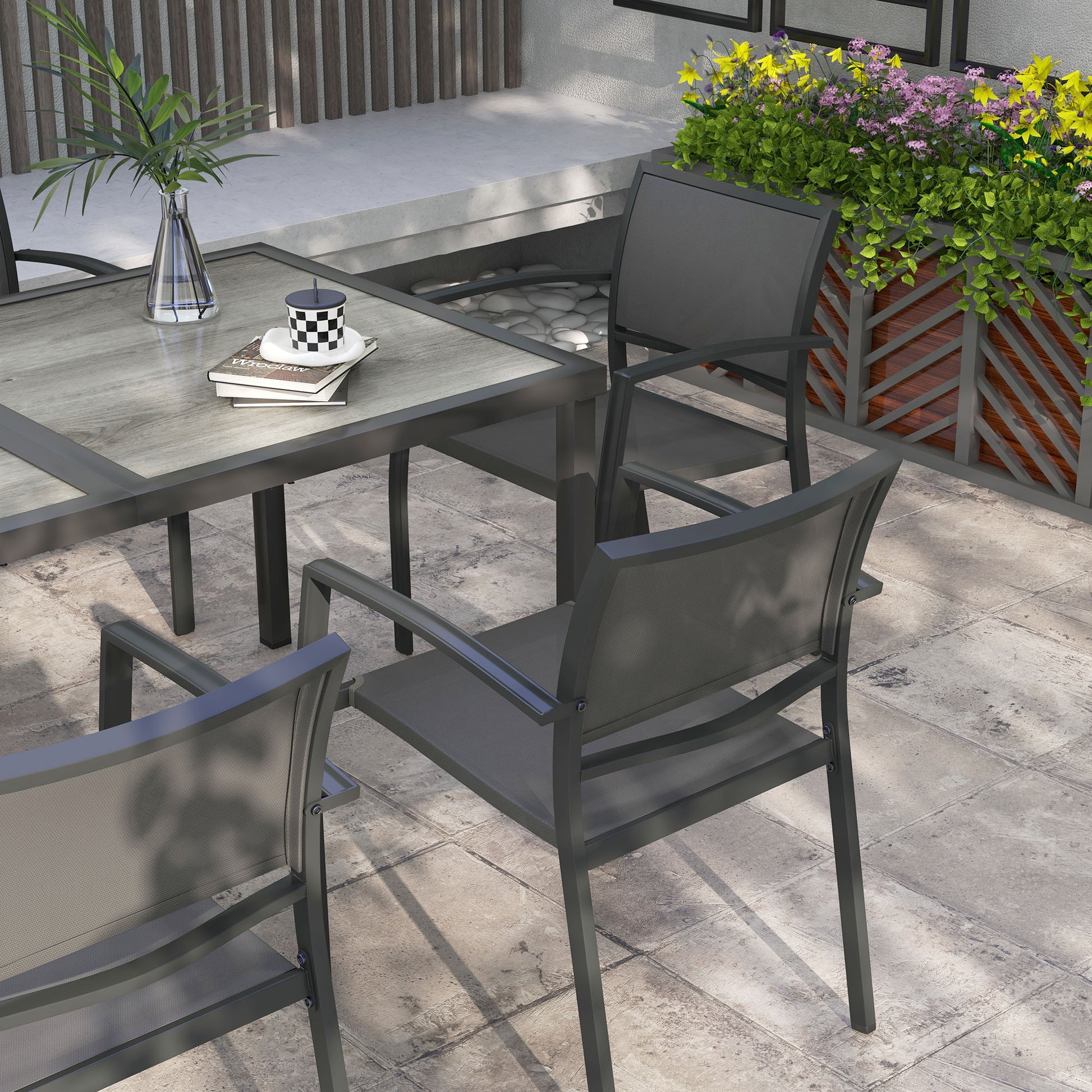 Outsunny Seven-Piece Casual Outdoor Dining Set, with Wood-Effect Table - Grey