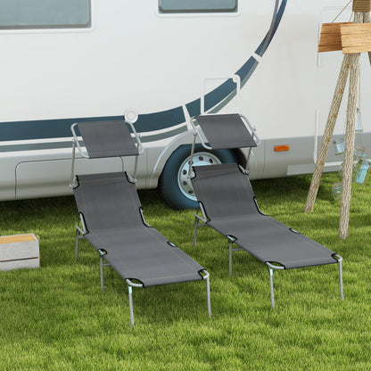 Outsunny Outdoor Foldable Sun Lounger Set of 2, 4 Level Adjustable Backrest Reclining Sun Lounger Chair with Angle Adjust Sun Shade Awning for Beach, Garden, Patio, Grey