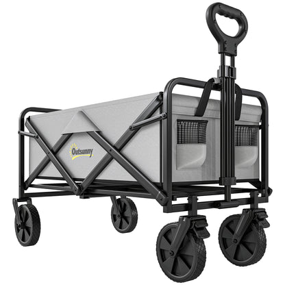 Outsunny Folding Pull Along Cart Cargo Wagon Trolley with Telescopic Handle - Dark Grey