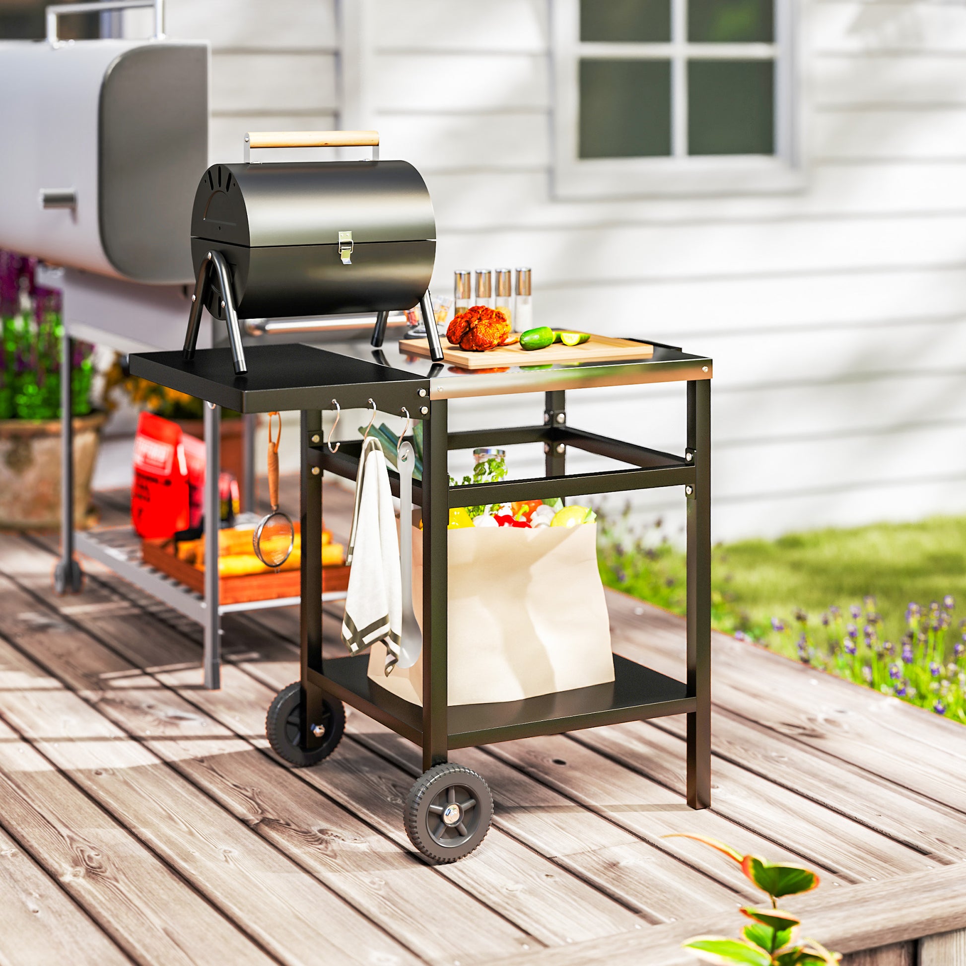 Outsunny BBQ Trolley with Stainless Steel Top and Foldable Side Table, Outdoor Kitchen BBQ Station with Hooks and Shelf, Pizza Oven Table Movable Outdoor Grill Dining Cart with Cover, Black