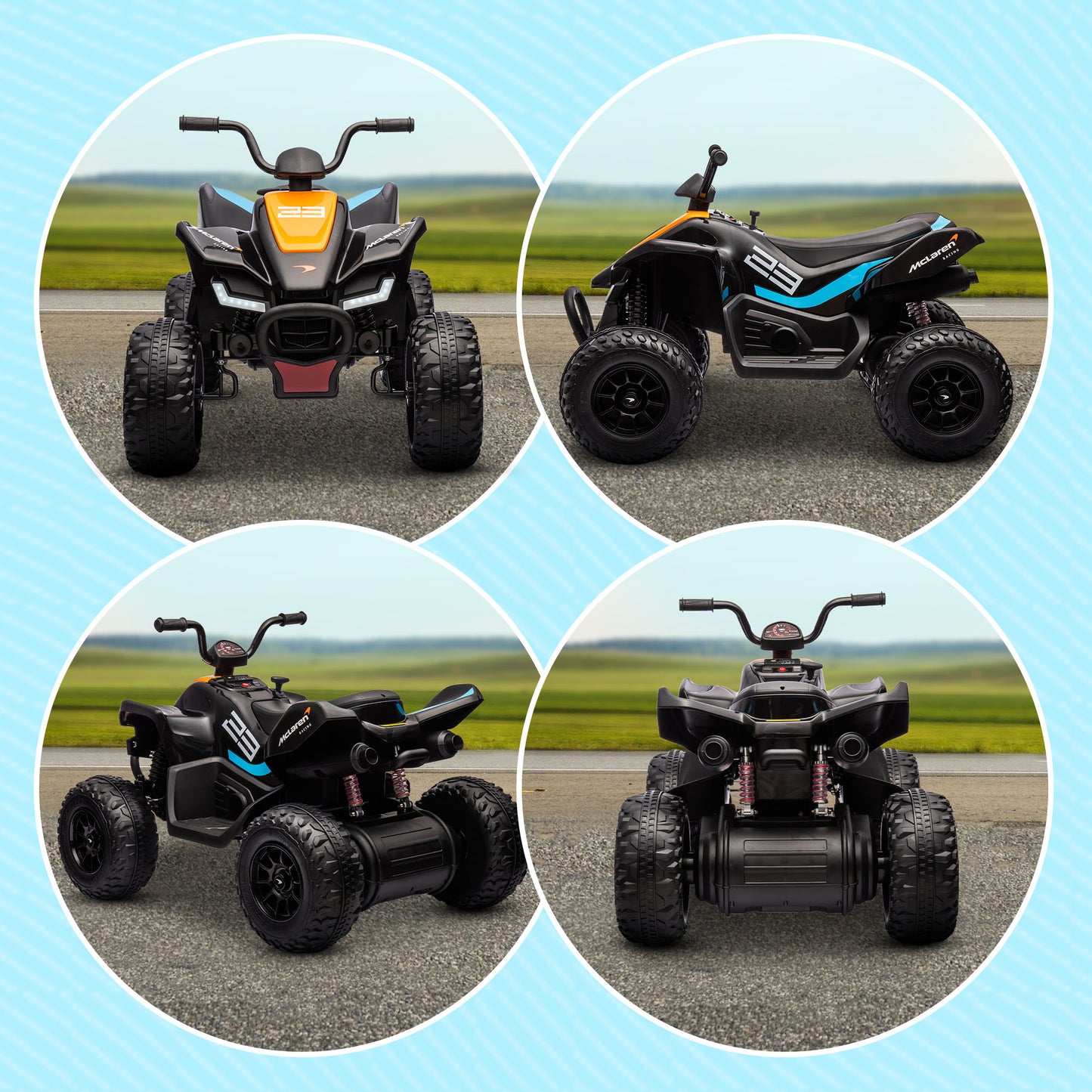 HOMCOM Mclaren Licensed 12V Quad Bike with Slow Start, Music, Headlights, MP3 Slot, Suspension Wheels, for 3-8 Years - Black