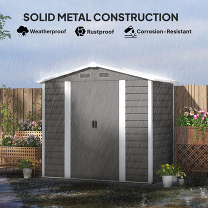 Outsunny 7 x 4ft Garden Shed, Easy to Assemble, Upgraded Galvanised Steel Frame with Foundation Kit, Double Doors with Lock, Outdoor Metal Shed with Vents and Gloves, Garden Storage Shed, Light Grey