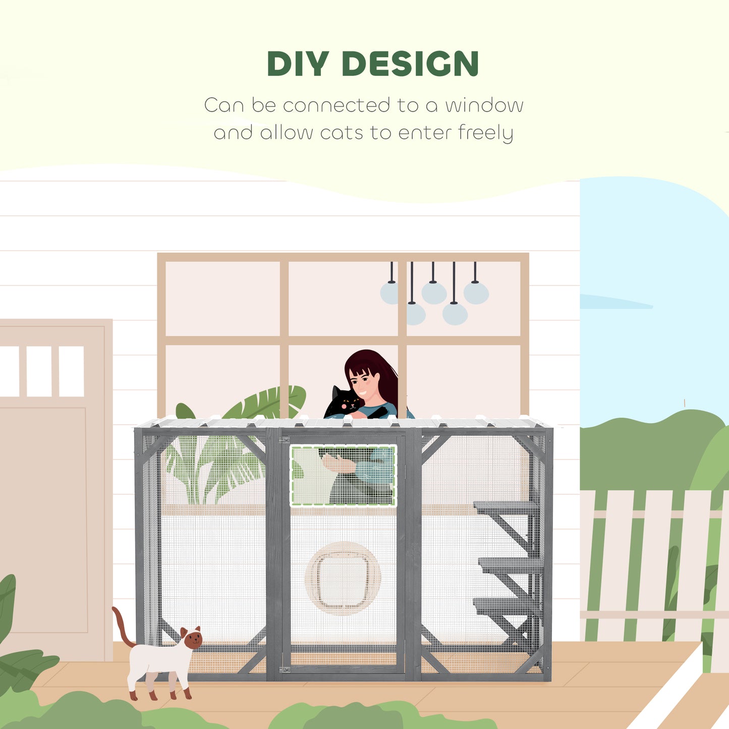 PawHut 71" Outdoor Wooden Cat House with Three Platforms, Large Door, Water-Resistant Roof, for Multiple Cats, Grey