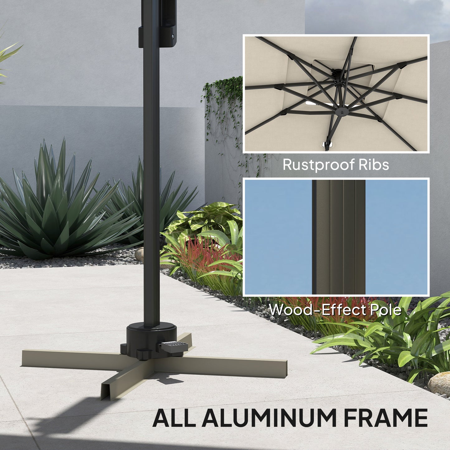 Outsunny 3.7 x 2.7 m Cantilever Parasol w/ 360° Rotation and Easy Tilt Adjustment, Aluminium Hanging Offset Outdoor Umbrella w/ Double Top and Cross Base, UPF50+ Hanging Sun Shade, Black