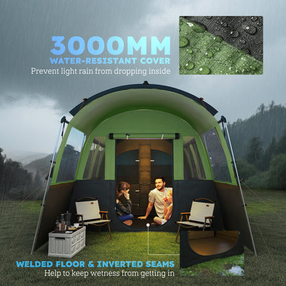 Outsunny 8-Person Camping Tent, Waterproof Family Tent, Tunnel Design, 4 Large Windows, Sleeping Cabins 3000mm Water Column Green