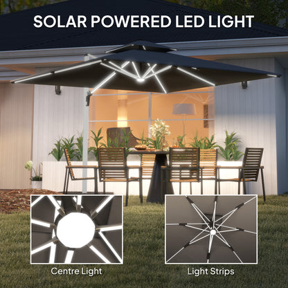 Outsunny 3(m) Garden Cantilever Parasol with Solar LED Lights, Cross Base, 360° Rotation, Crank Handle and Tilt, Grey