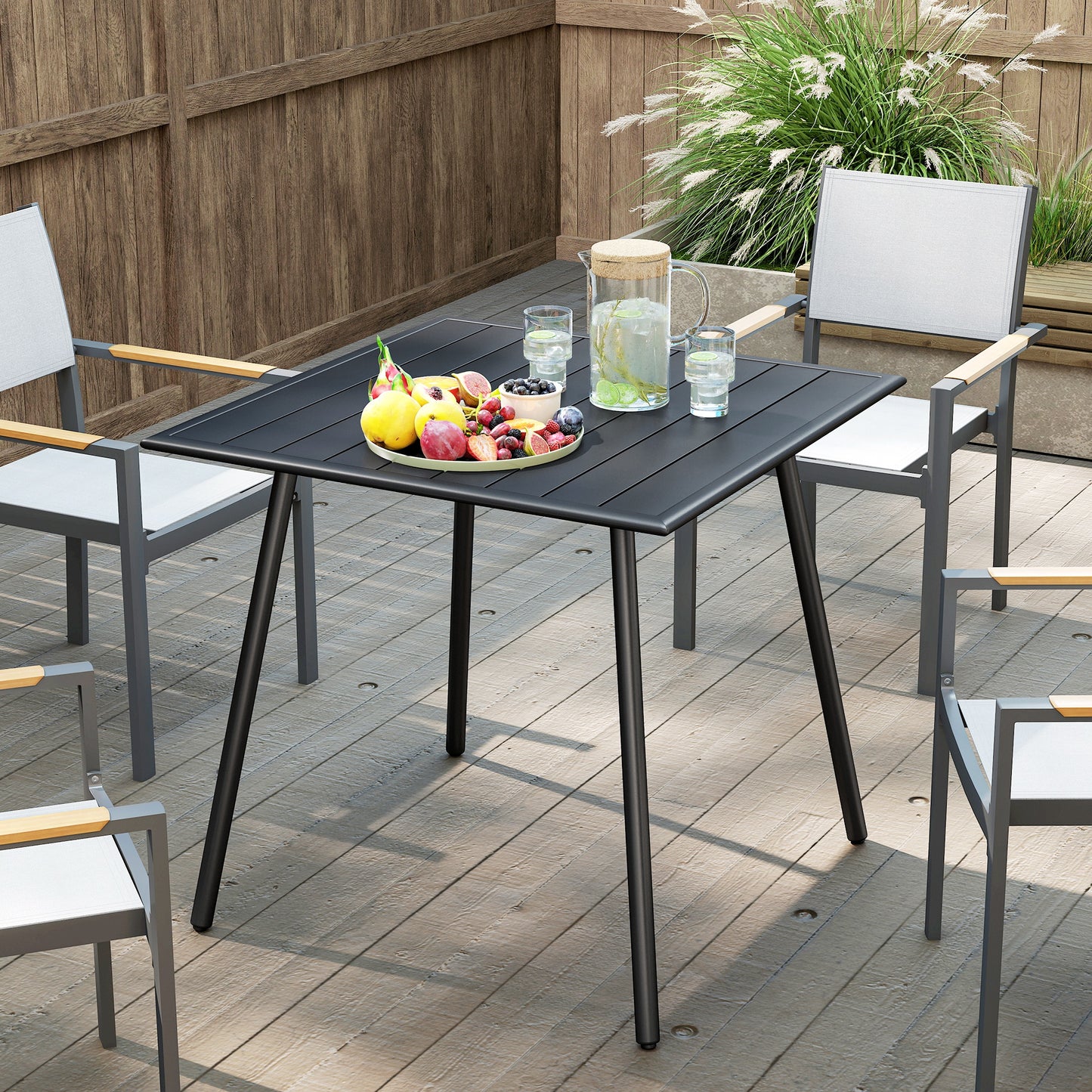 Outsunny Square Garden Table with Slat Top, Steel Frame, Outdoor Table for 4 Person, 80 x 80 x 74 cm, Black