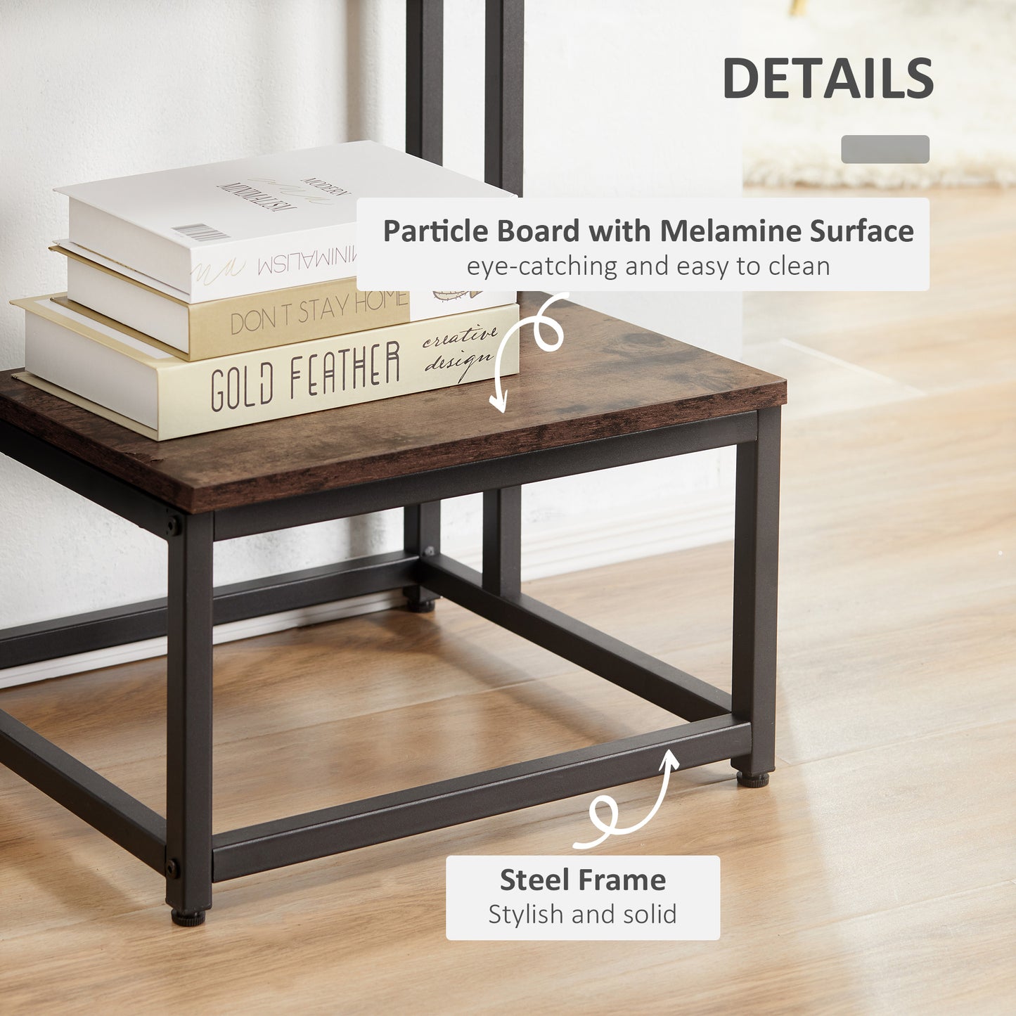 HOMCOM Side Table, Doule Layer End Table, Modern Coffee Table with Steel Frame and Adjustable Non-Slip Feet for Living room, Bedroom, Rustic Brown