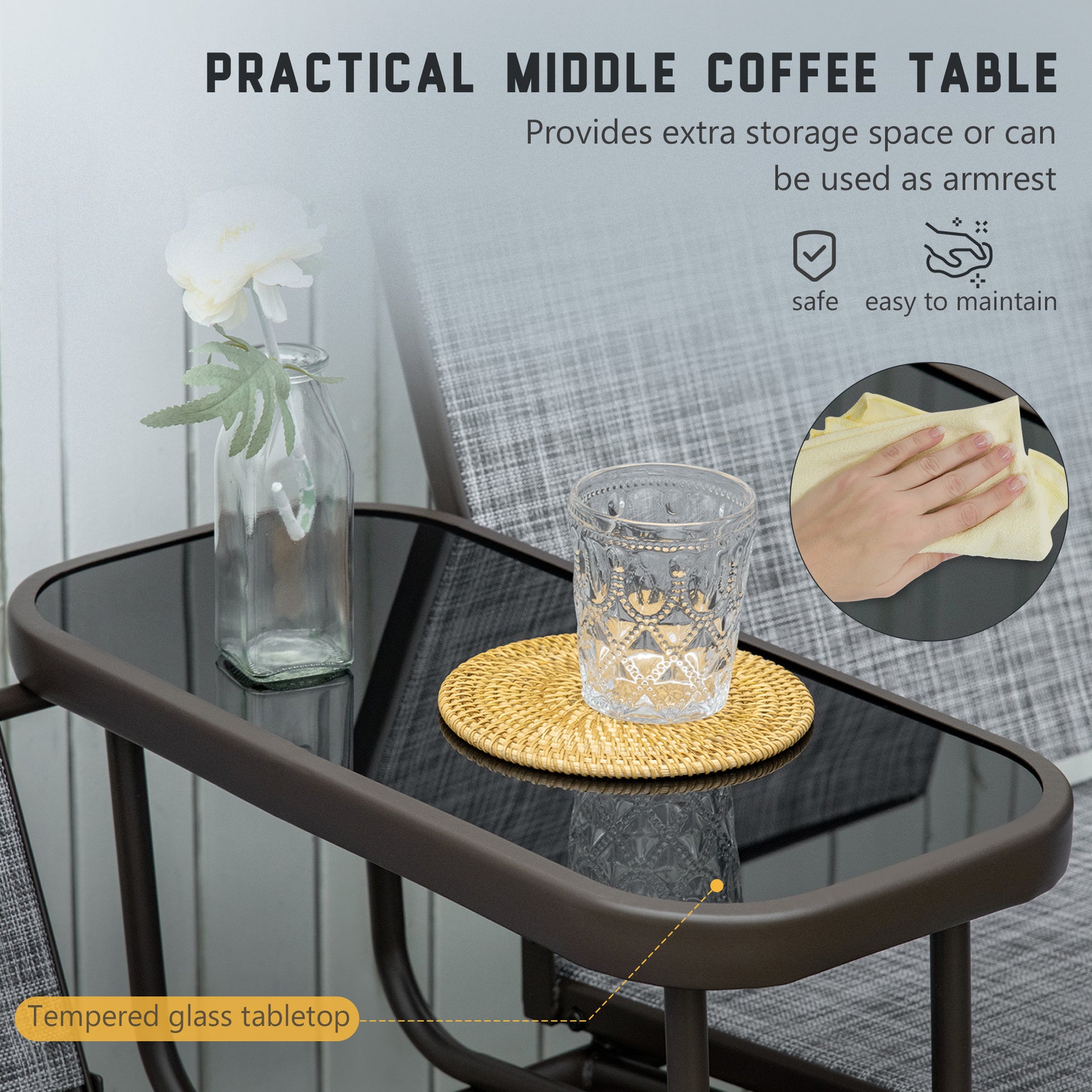 Outsunny 2 Seats Garden Glider Bench, Metal Frame Loveseat with Glass Top  Centre Table, Porch Rocking Glider for 2 Person, for Deck, Patio, Brown/ Grey