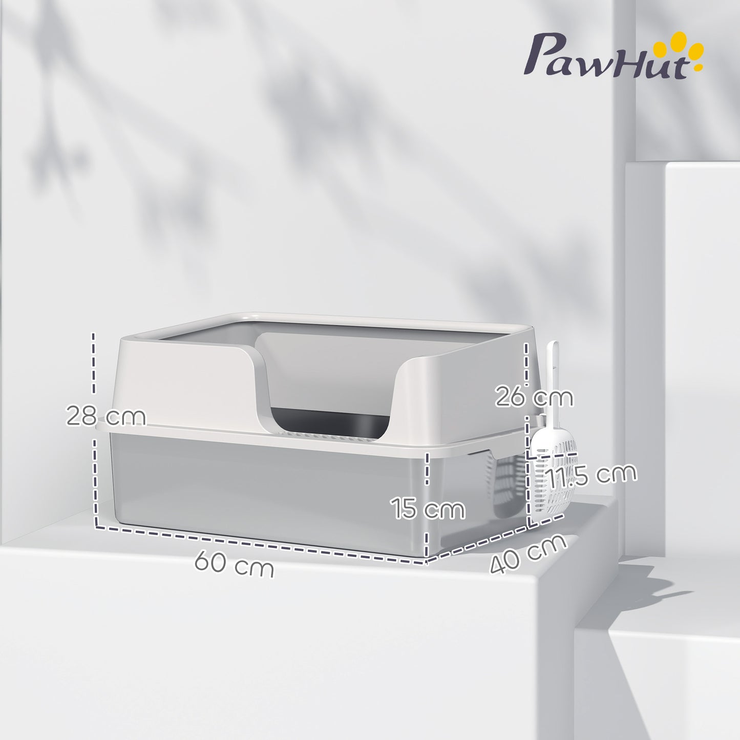 PawHut Stainless Steel Litter Box with Detachable Rim, Scoop, Easy Cleaning, Odour-Resistant, 60 x 40 x 28 cm