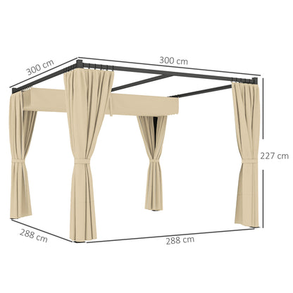 Outsunny 3 x 3m Retractable Roof Pergola, with Curtains - Khaki
