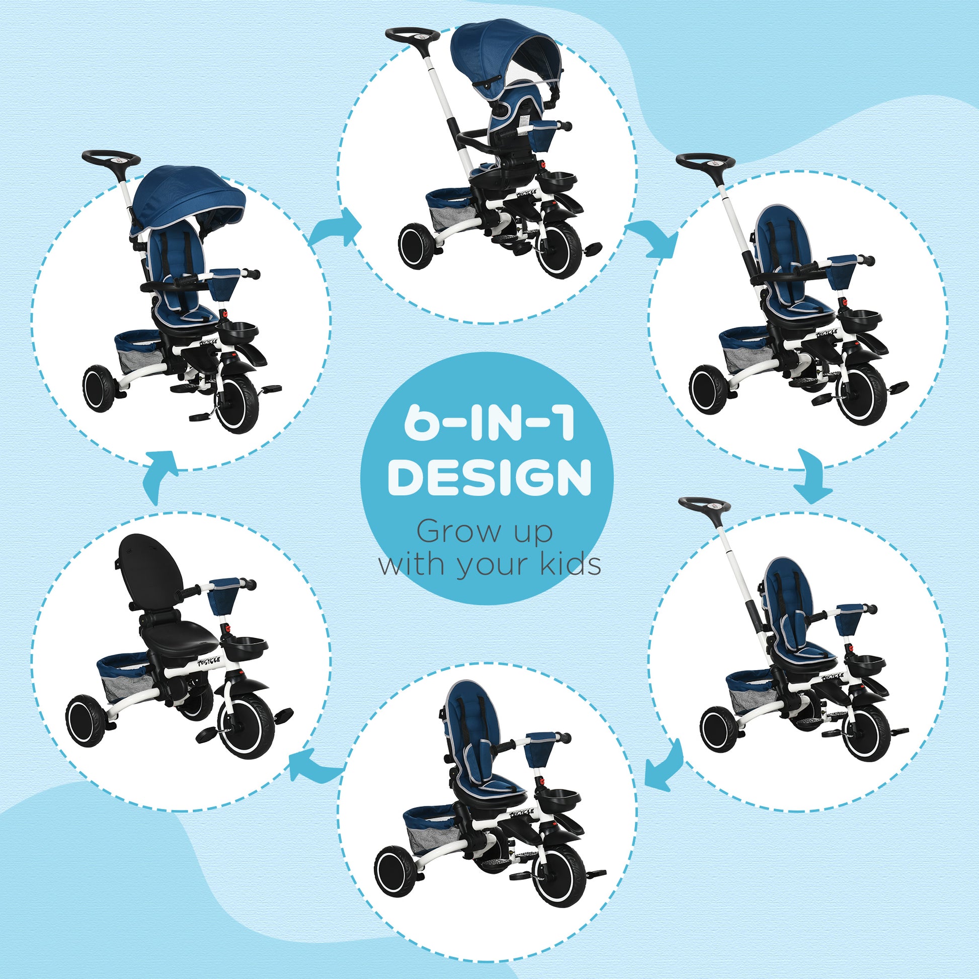 HOMCOM 7-in-1 Tricycle 3 Wheels Pedal Trike w/ Rotatable Seat and Safety Harness for Ages 12-50 Months Kids, Baby, Blue