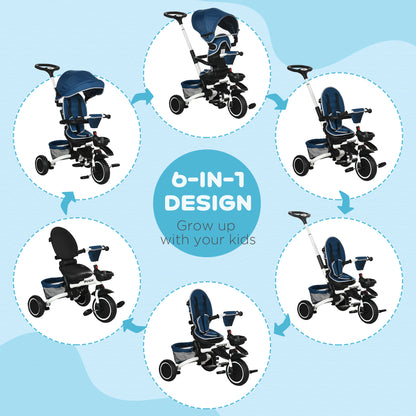 HOMCOM 7-in-1 Tricycle 3 Wheels Pedal Trike w/ Rotatable Seat and Safety Harness for Ages 12-50 Months Kids, Baby, Blue