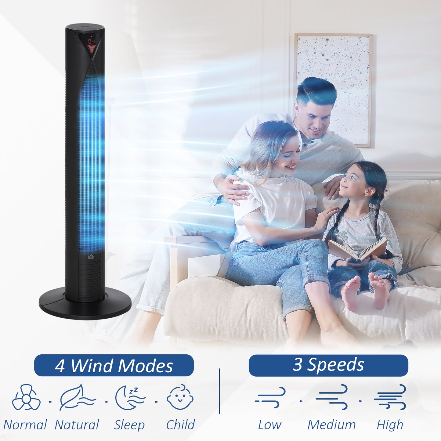HOMCOM 38" Oscillating Tower Fan Remote Control 3 Speed Modes 12-Hour Timer Ultra Slim Cooling Machine Black - ?31.5 x H96cm