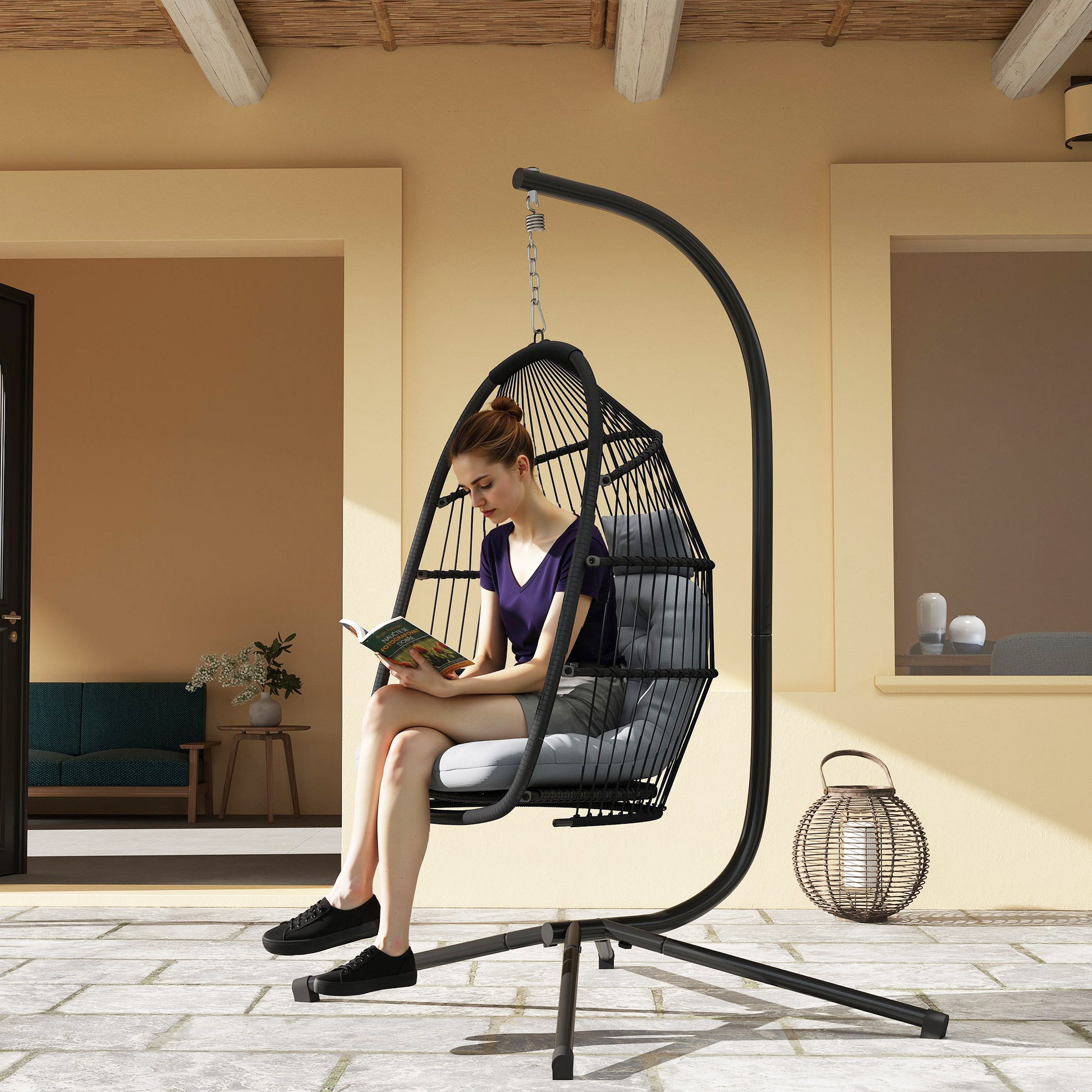 Outsunny Rattan Hanging Egg Chair with Stand, Foldable Wicker Swing Egg Chair with Cushion, Head Pillow, Steel Frame, Hammock Chair for Indoor Outdoor, Capacity 150 kg, Dark Grey