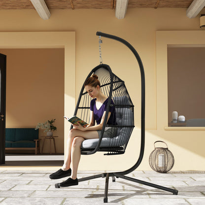 Outsunny Rattan Hanging Egg Chair with Stand, Foldable Wicker Swing Egg Chair with Cushion, Head Pillow, Steel Frame, Hammock Chair for Indoor Outdoor, Capacity 150 kg, Dark Grey