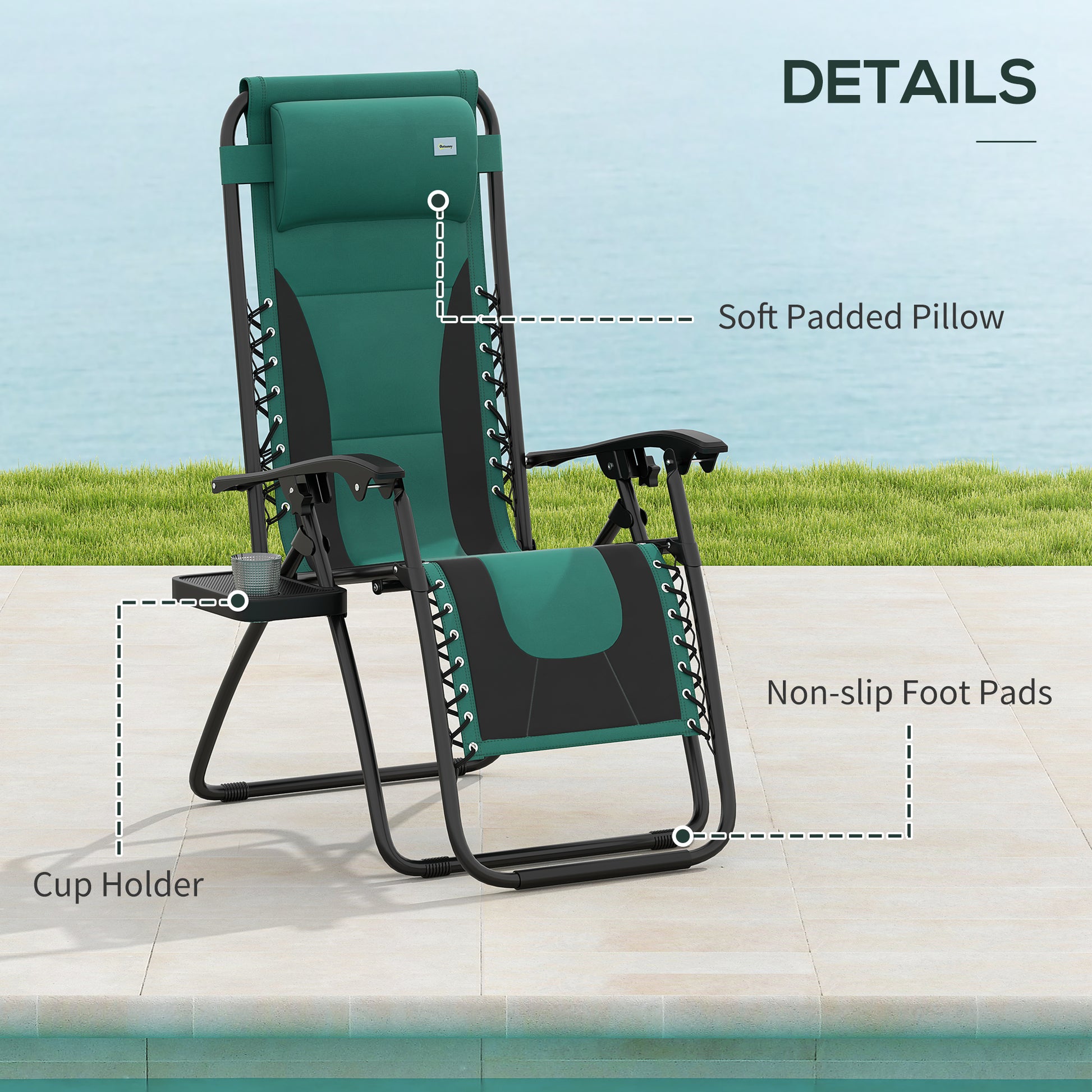 Outsunny Zero Gravity Lounger Chair, Folding Reclining Patio Chair with Padded Seat, Cup Holder, Soft Cushion and Headrest for Poolside, Camping, Green