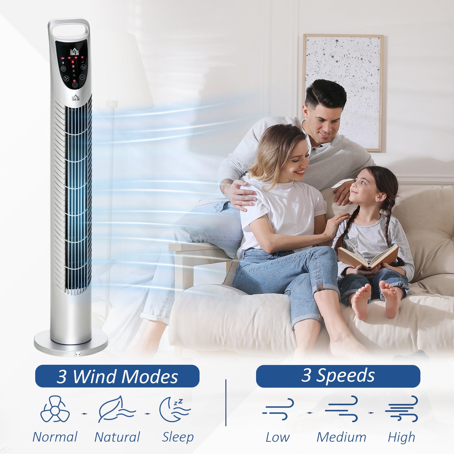 HOMCOM Tower Fan Oscillating 3 Speeds 3 Winds 40W w/ Remote Control Timer Moving Head Quiet Operation Home Office Bedroom Silver - 78.5H cm