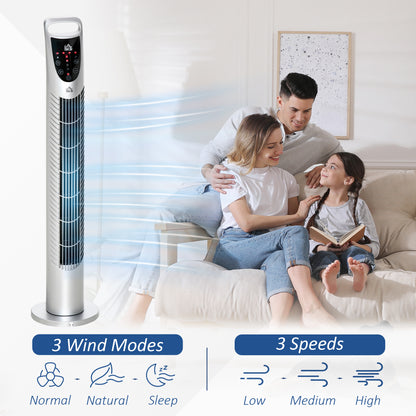 HOMCOM Tower Fan Oscillating 3 Speeds 3 Winds 40W w/ Remote Control Timer Moving Head Quiet Operation Home Office Bedroom Silver - 78.5H cm