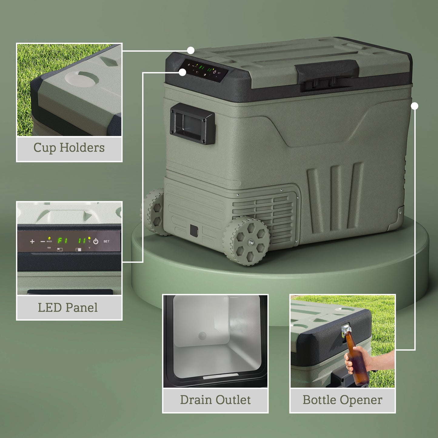 Outsunny 45L Car Fridge Freezer Dual Zone, Portable Camping Fridge 12V/24V DC & 100-240V AC, Electric Cool Box -20?-20? with Wheels and LED Light, for Travel, RV, Road Trip, Picnic