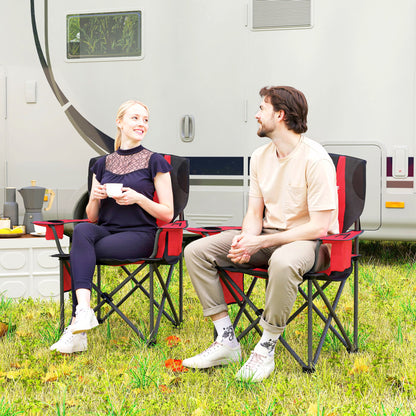 Outsunny Set of 2 Folding Camping Chairs, Padded Camping Chairs with Adjustable Armrests, Portable & Lightweight Folding Camp Chair with Cooler Bag, Cup Holder and Side Pockets, Red