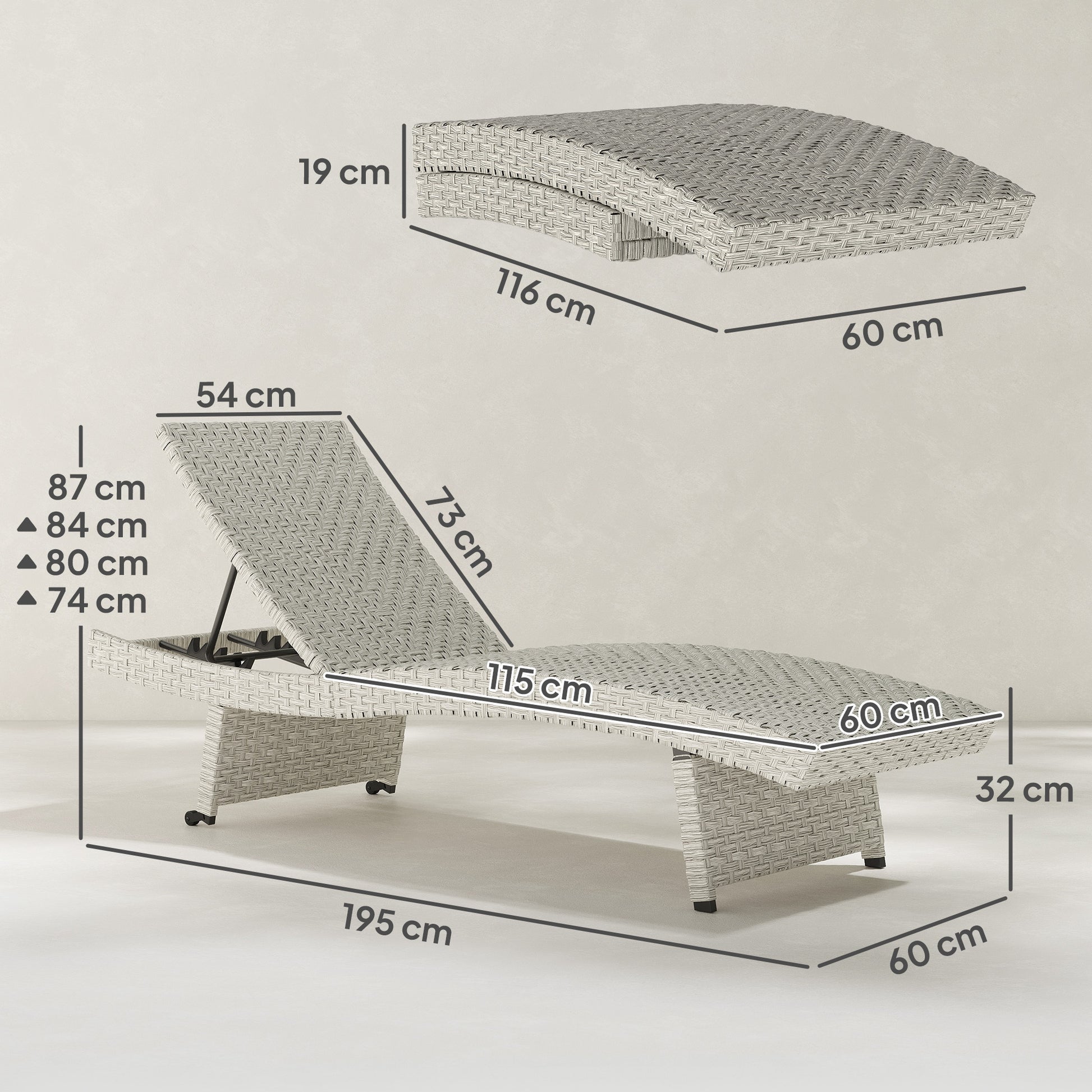 Outsunny Outdoor PE Rattan Sun Lounger, Folding Wicker Garden Lounger Recliner with 4-Level Adjustable Backrest, Rolling Sunbed Lounge Chair with Wheels, Non-Slip Legs for Balcony, Beach, Grey