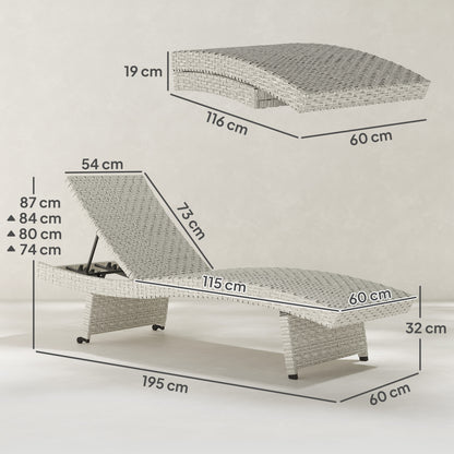 Outsunny Outdoor PE Rattan Sun Lounger, Folding Wicker Garden Lounger Recliner with 4-Level Adjustable Backrest, Rolling Sunbed Lounge Chair with Wheels, Non-Slip Legs for Balcony, Beach, Grey