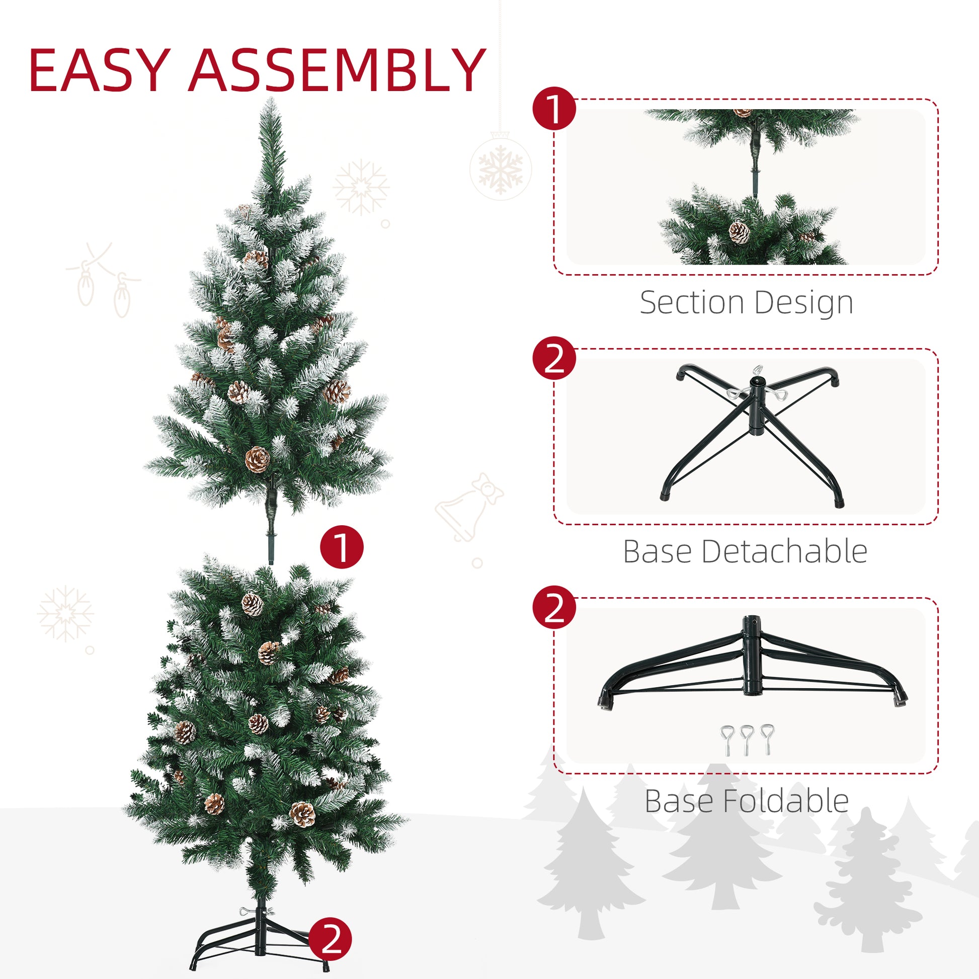 HOMCOM 5 Foot Snow Artificial Christmas Tree with Realistic Branches, Pine Cone, for Indoor Decoration, Green White