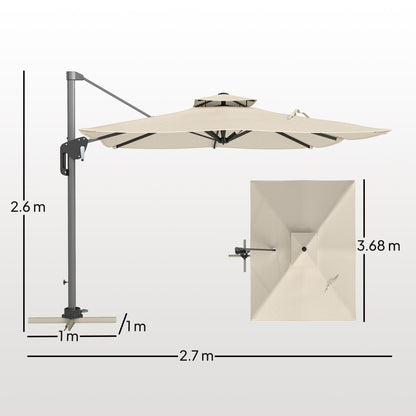 Outsunny 3.7 x 2.7 m Cantilever Parasol w/ 360° Rotation and Easy Tilt Adjustment, Aluminium Hanging Offset Outdoor Umbrella w/ Double Top and Cross Base, UPF50+ Hanging Sun Shade, Grey Wood Effect
