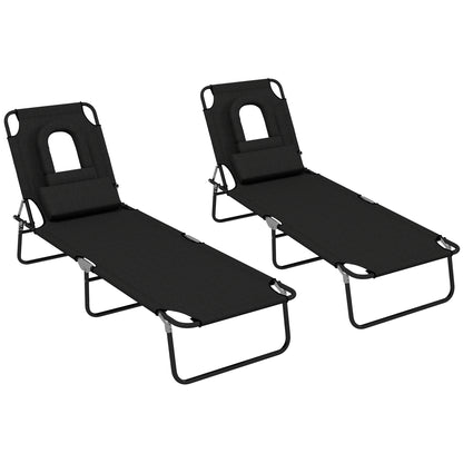 Outsunny Outdoor Folding Sun Lounger Set of 2 with Face Hole, 4 Level Adjustable Backrest Reclining Garden Lounger, Garden Recliner Sunbed with 600 D Oxford Cloth Seat and Pillow for Beach, Black