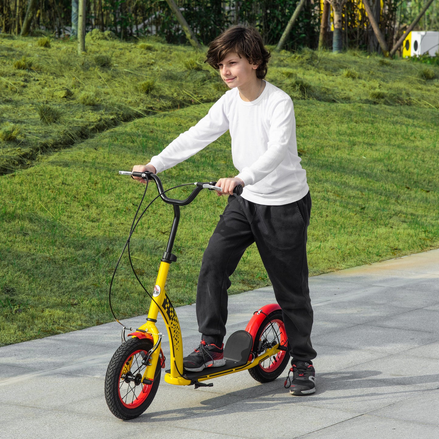HOMCOM Kids Kick Scooter, w/ Adjustable Height, Front Rear Dual Brakes, 12 Inch Inflatable Rubber Wheels, for Ages 5+ Years - Yellow