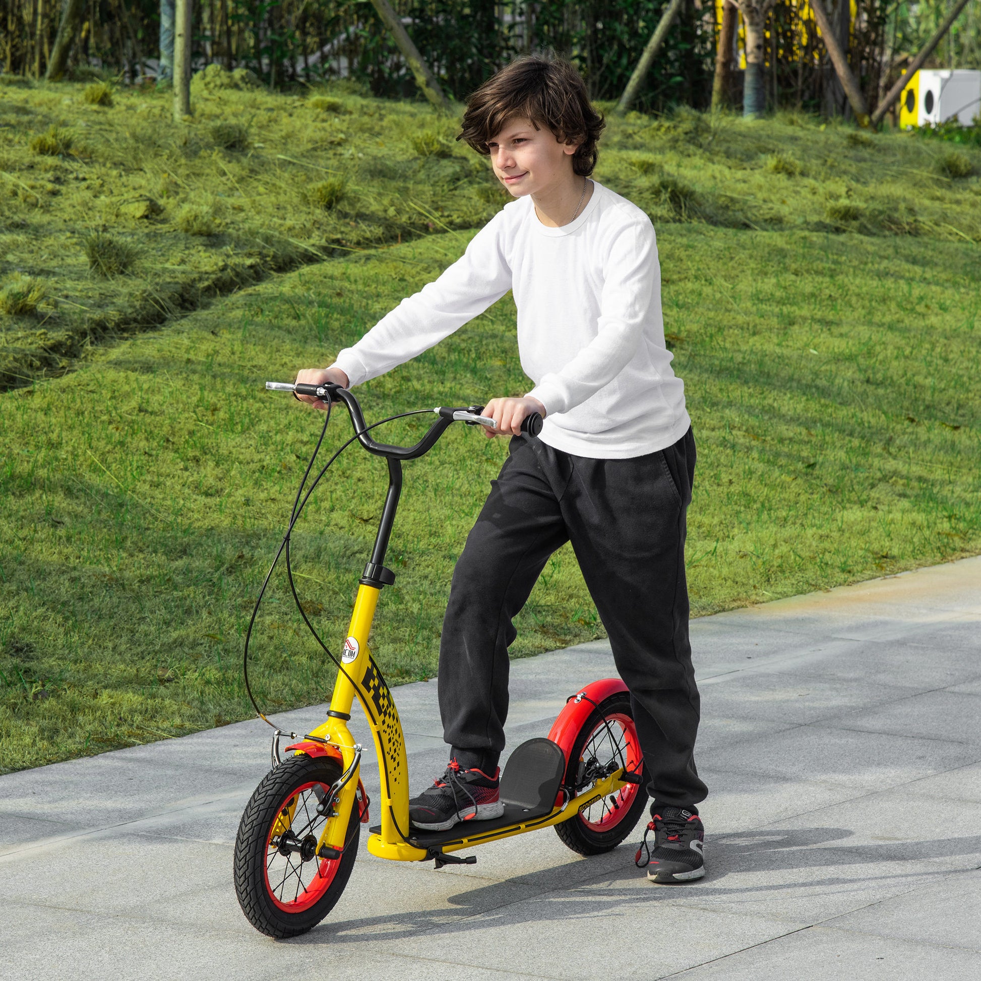 HOMCOM Kids Kick Scooter, w/ Adjustable Height, Front Rear Dual Brakes, 12 Inch Inflatable Rubber Wheels, for Ages 5+ Years - Yellow