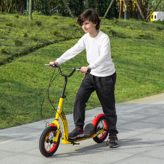 HOMCOM Kids Kick Scooter, w/ Adjustable Height, Front Rear Dual Brakes, 12 Inch Inflatable Rubber Wheels, for Ages 5+ Years - Yellow