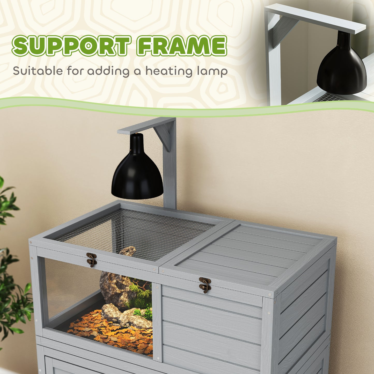 PawHut Wooden Tortoise House with Storage Cabinet, Openable Top, Lamp Holder, Windows, Light Grey