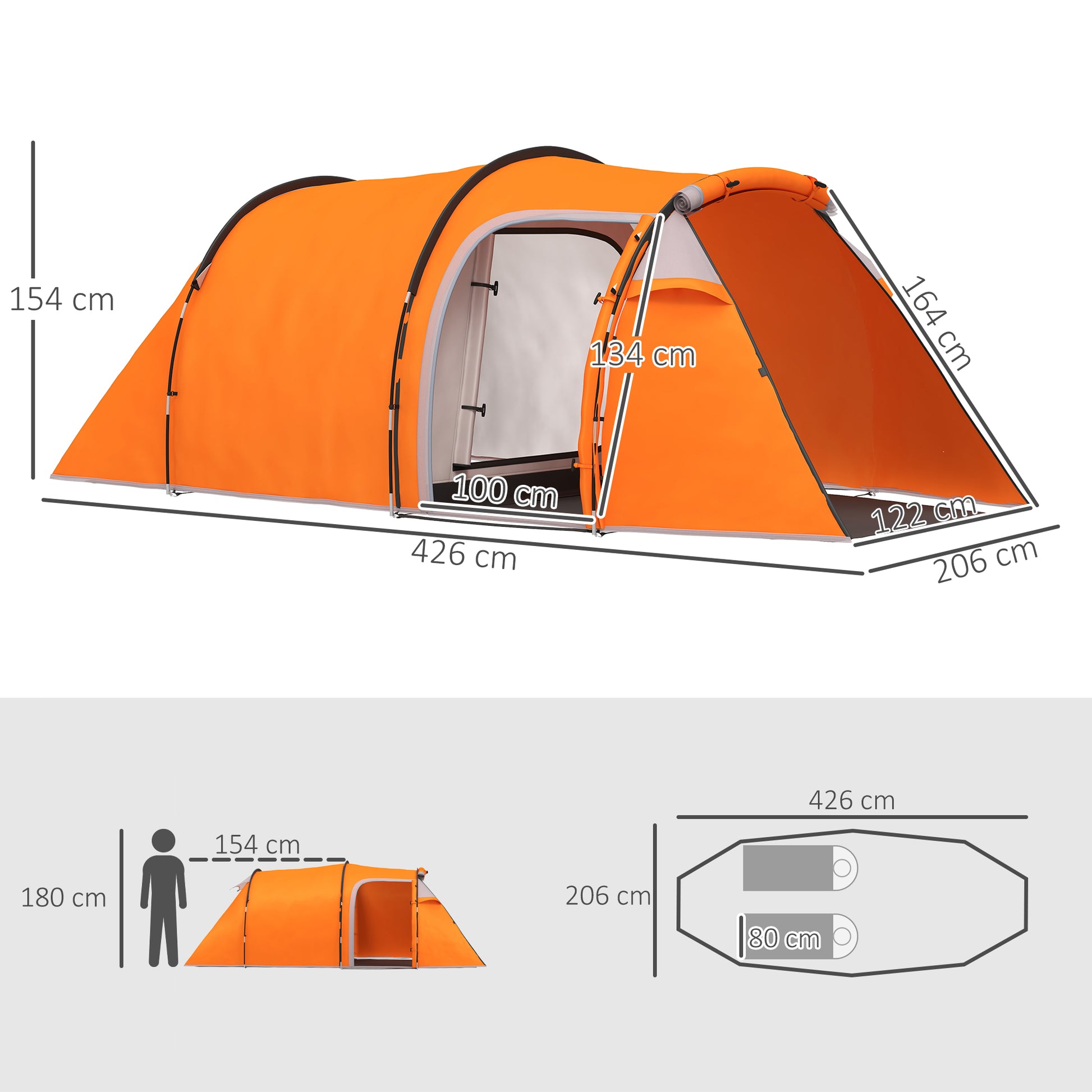 Outsunny 2-3 Man Tunnel Tents w/ Vestibule Camping Tent Porch Air Vents Weather-Resistant Shelter, Orange