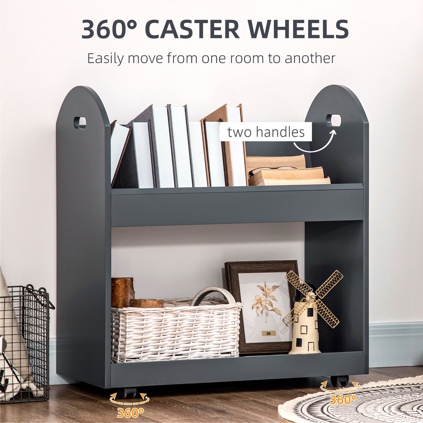 HOMCOM 2-Tier Storage Shelves, Kitchen Cart Shelf Unit with Wheels for Dining & Living Room, Home Study, Grey