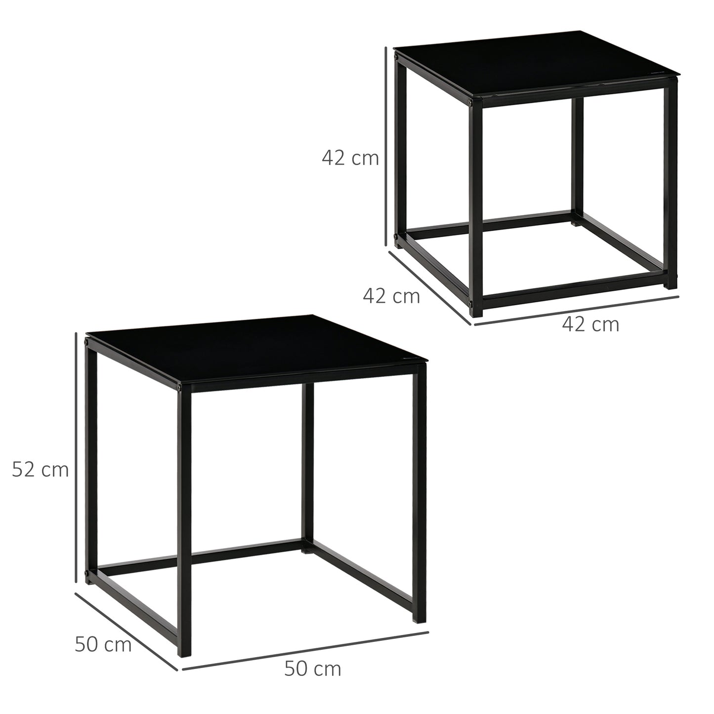 HOMCOM Nest of 2 Side Tables, Set of Modern Bedside Tables with Tempered Glass Desktop for Living Room, Bedroom, Office, Black