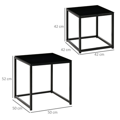 HOMCOM Nest of 2 Side Tables, Set of Modern Bedside Tables with Tempered Glass Desktop for Living Room, Bedroom, Office, Black