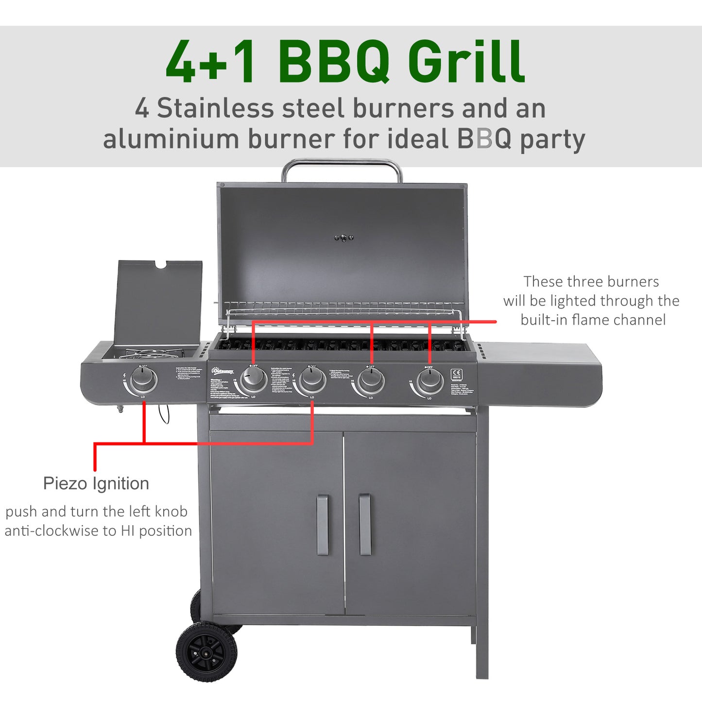 Outsunny 4+1 Burner Gas BBQ Grill, Outdoor Barbecue Trolley with Wheels, Warming Rack, Side Shelves, Cabinet, Thermometer for Garden, Party, Camping, 125 L x 51 W x 100 H cm, Grey