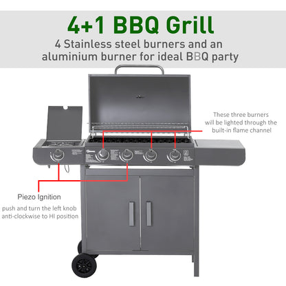 Outsunny 4+1 Burner Gas BBQ Grill, Outdoor Barbecue Trolley with Wheels, Warming Rack, Side Shelves, Cabinet, Thermometer for Garden, Party, Camping, 125 L x 51 W x 100 H cm, Grey