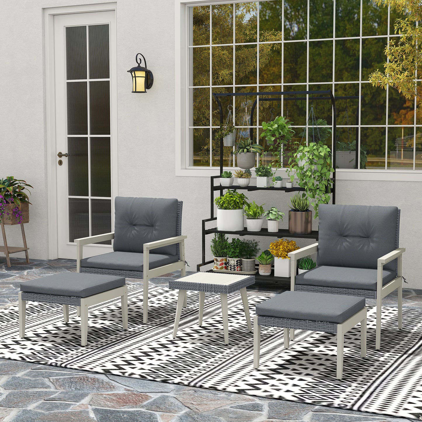 Outsunny 5 Pieces Rattan Garden Furniture Set, Patio Conversation Set with Cushions, Acacia Wood Top Coffee Table and Footstools, Outdoor Table and Chairs for Balcony, Terrace and Conservatory, Grey