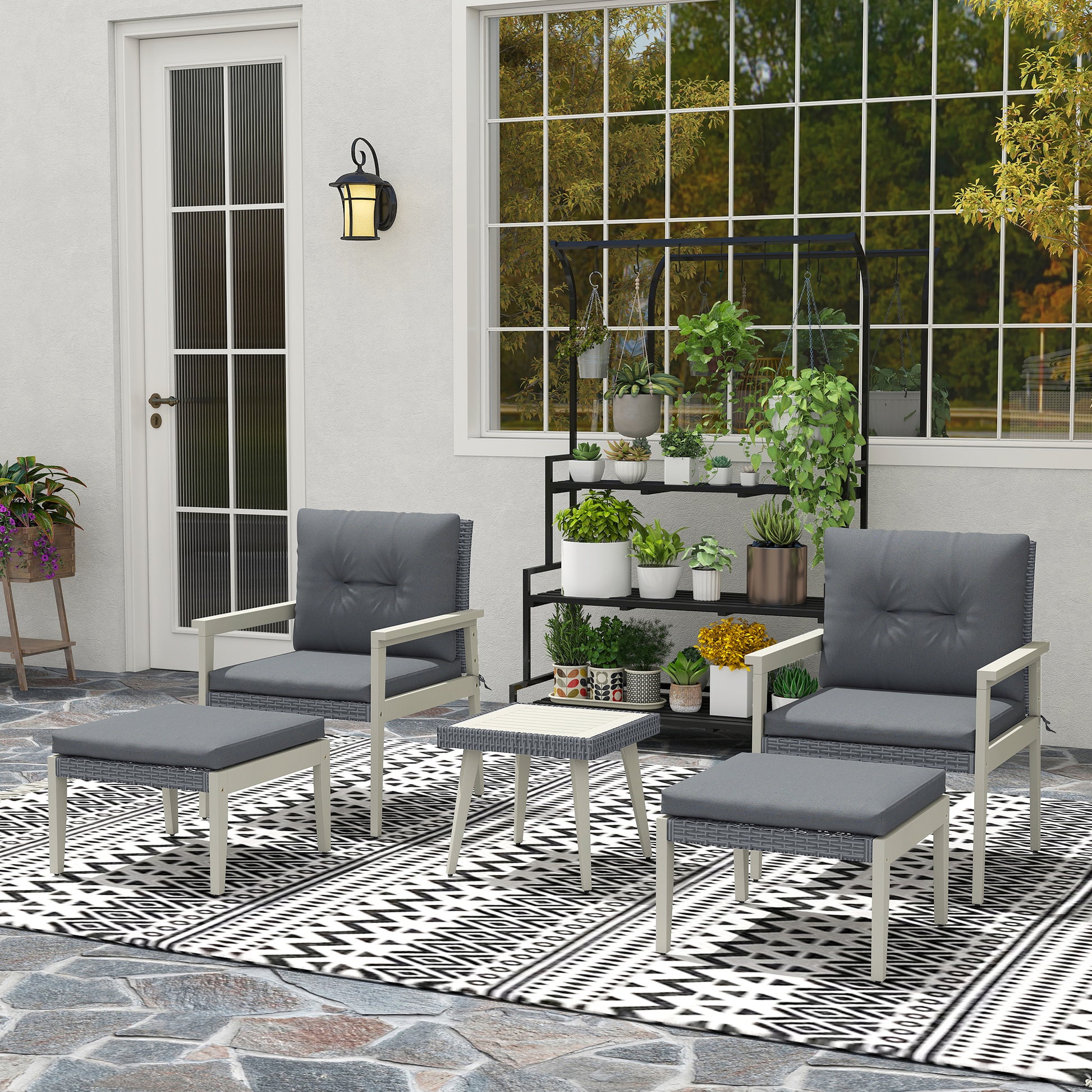 Outsunny 5 Pieces Rattan Garden Furniture Set, Patio Conversation Set with Cushions, Acacia Wood Top Coffee Table and Footstools, Outdoor Table and Chairs for Balcony, Terrace and Conservatory, Grey