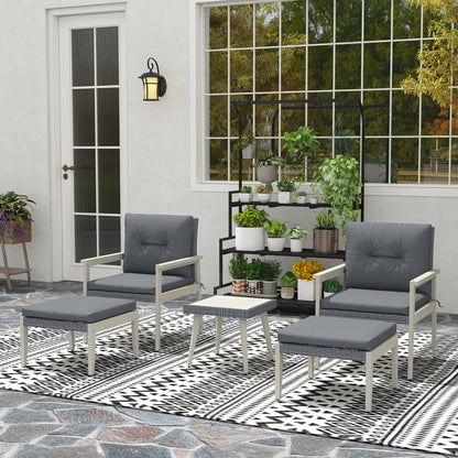 Outsunny 5 Pieces Rattan Garden Furniture Set, Patio Conversation Set with Cushions, Acacia Wood Top Coffee Table and Footstools, Outdoor Table and Chairs for Balcony, Terrace and Conservatory, Grey