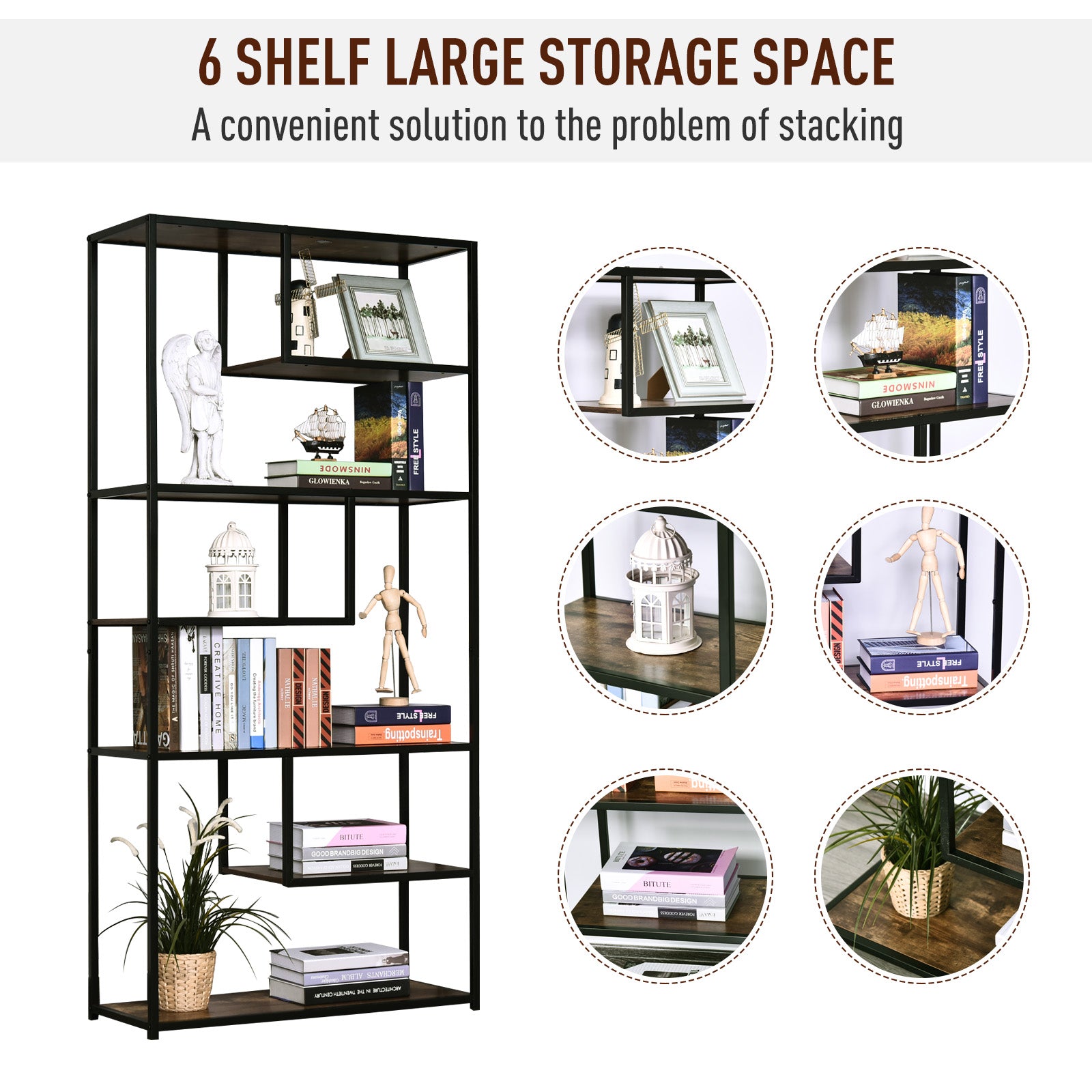 HOMCOM Wood Shelf Bookcase Industrial Style Stand 6-Staggered Shelf Living Room Display Rack Organiser